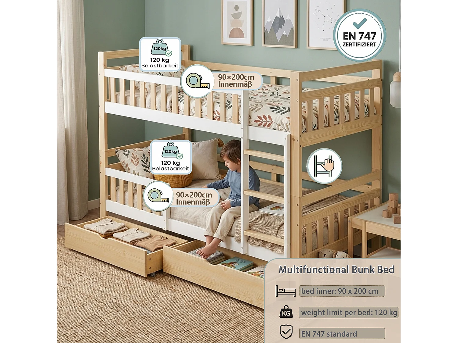 Lit superposé enfant 90x200 cm - avec 2 tiroirs - avec échelle - peut être séparé en deux lits simples - Bois massif + MDF - Blanc + Naturel (sans matelas)