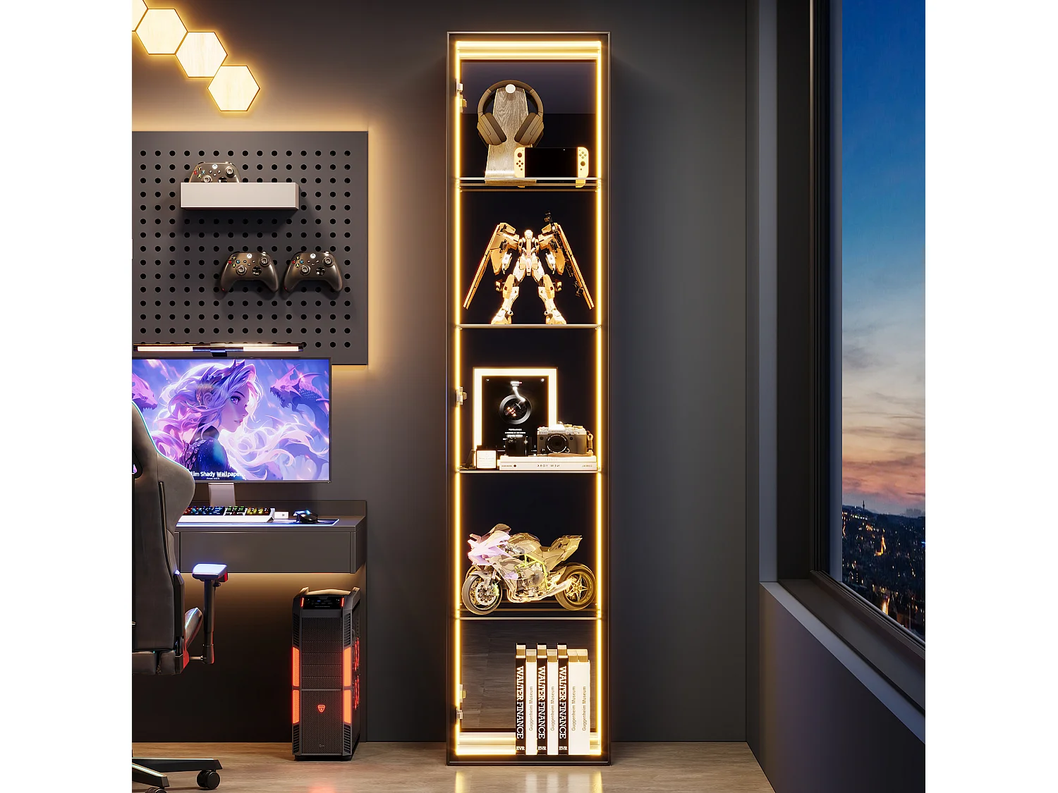 Vitrine 30x30x160 cm - Éclairage LED - 1 porte et 3 compartiments de rangement - Étagères réglables - MDF+Verre - Blanc