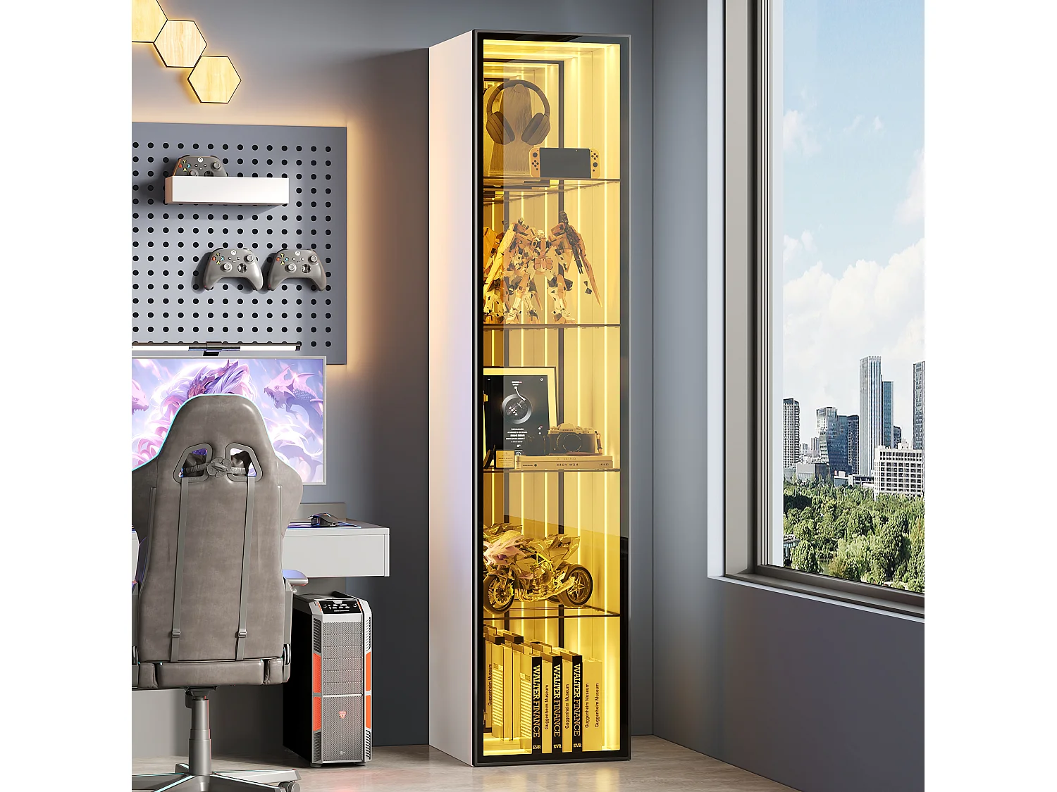 Vitrine 30x30x160 cm - Éclairage LED - 1 porte et 3 compartiments de rangement - Étagères réglables - MDF+Verre - Blanc