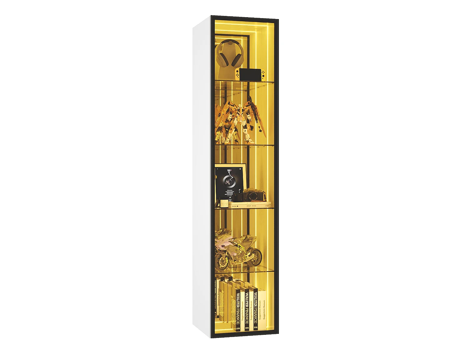 Vitrine 30x30x160 cm - Éclairage LED - 1 porte et 3 compartiments de rangement - Étagères réglables - MDF+Verre - Blanc