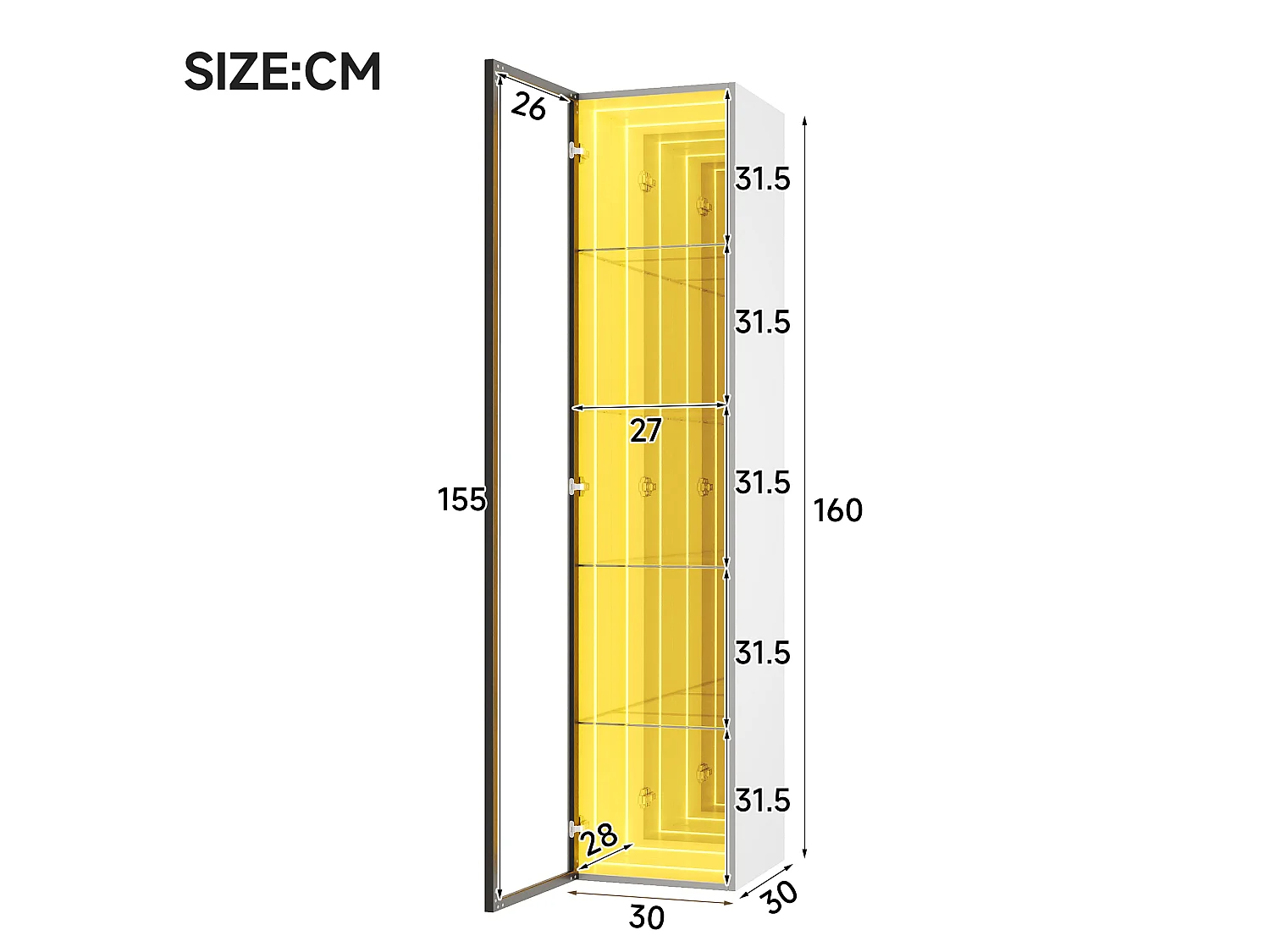 Vitrine 30x30x160 cm - Éclairage LED - 1 porte et 3 compartiments de rangement - Étagères réglables - MDF+Verre - Blanc