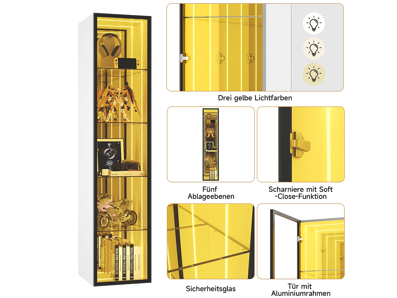 Vitrine 30x30x160 cm - Éclairage LED - 1 porte et 3 compartiments de rangement - Étagères réglables - MDF+Verre - Blanc