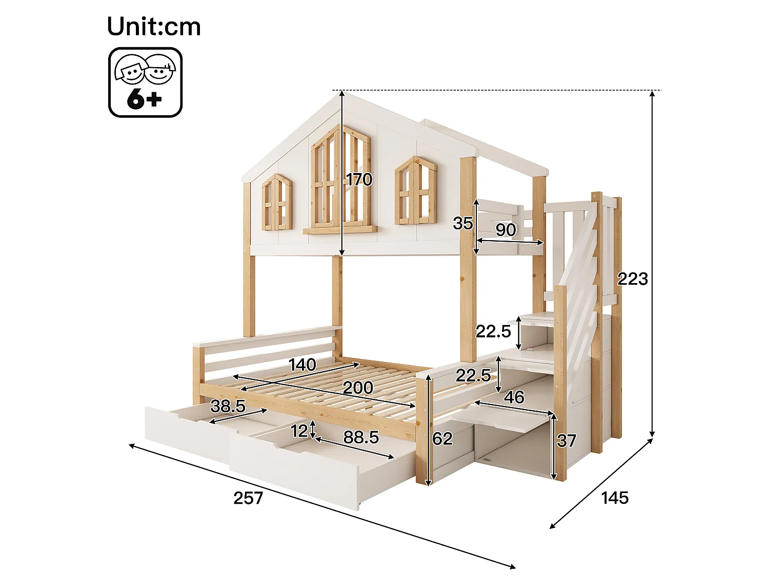 Lit superposé 90x200cm + 140x200cm - conception de maison - avec escalier de rangement et 2 tiroirs - Bois massif + MDF - Blanc (sans matelas)