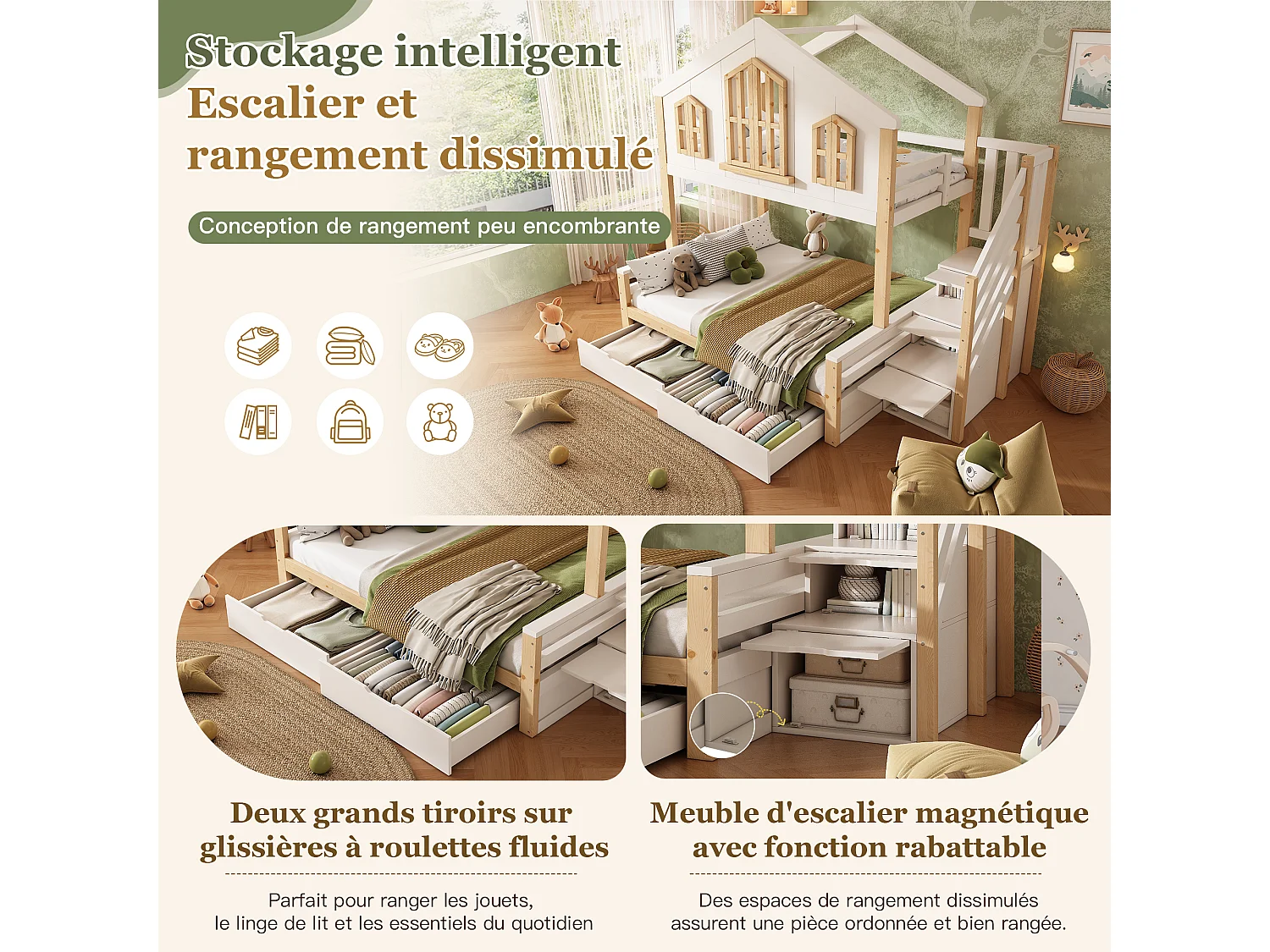 Lit superposé 90x200cm + 140x200cm - conception de maison - avec escalier de rangement et 2 tiroirs - Bois massif + MDF - Blanc (sans matelas)