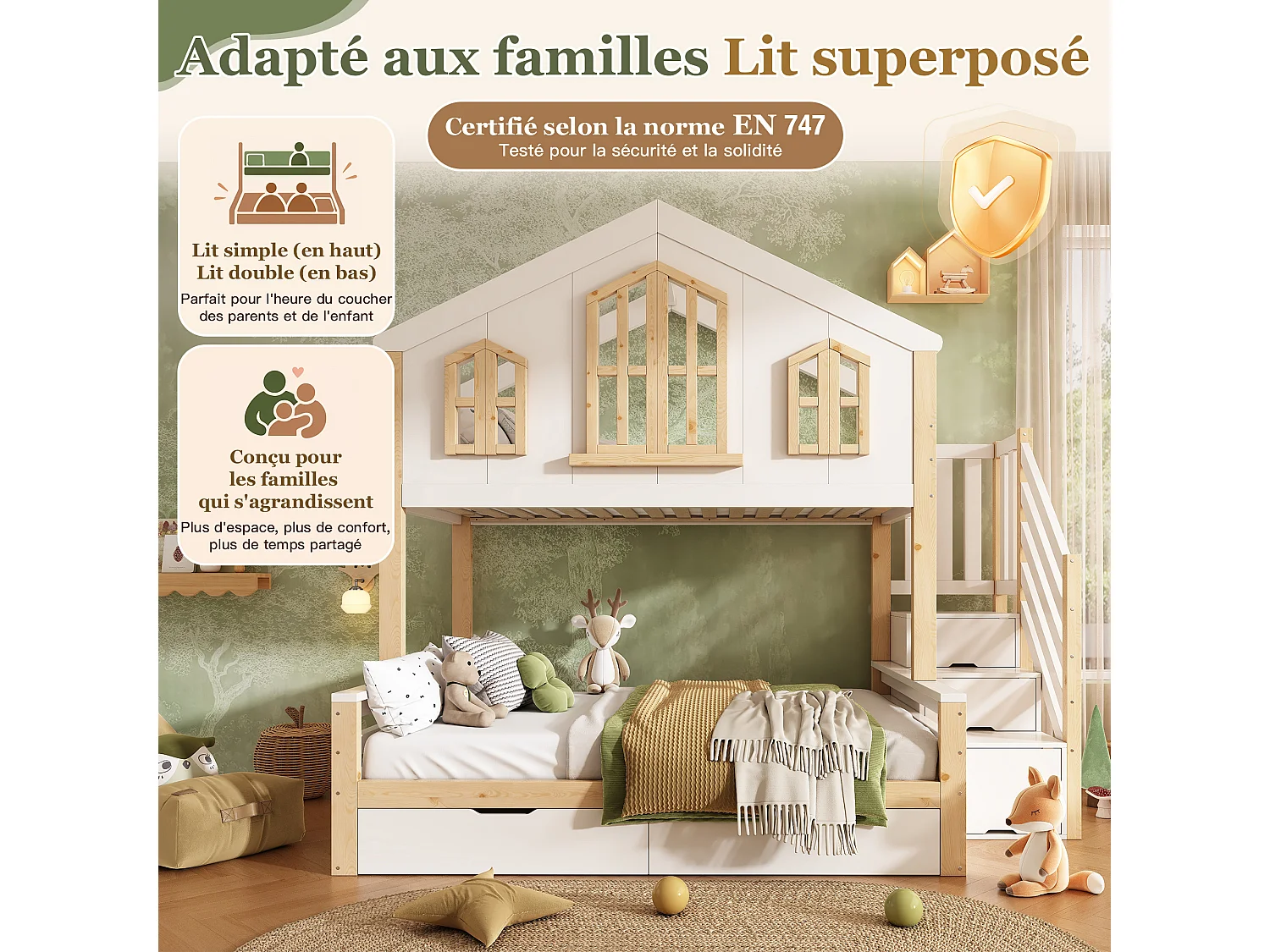 Lit superposé 90x200cm + 140x200cm - conception de maison - avec escalier de rangement et 2 tiroirs - Bois massif + MDF - Blanc (sans matelas)