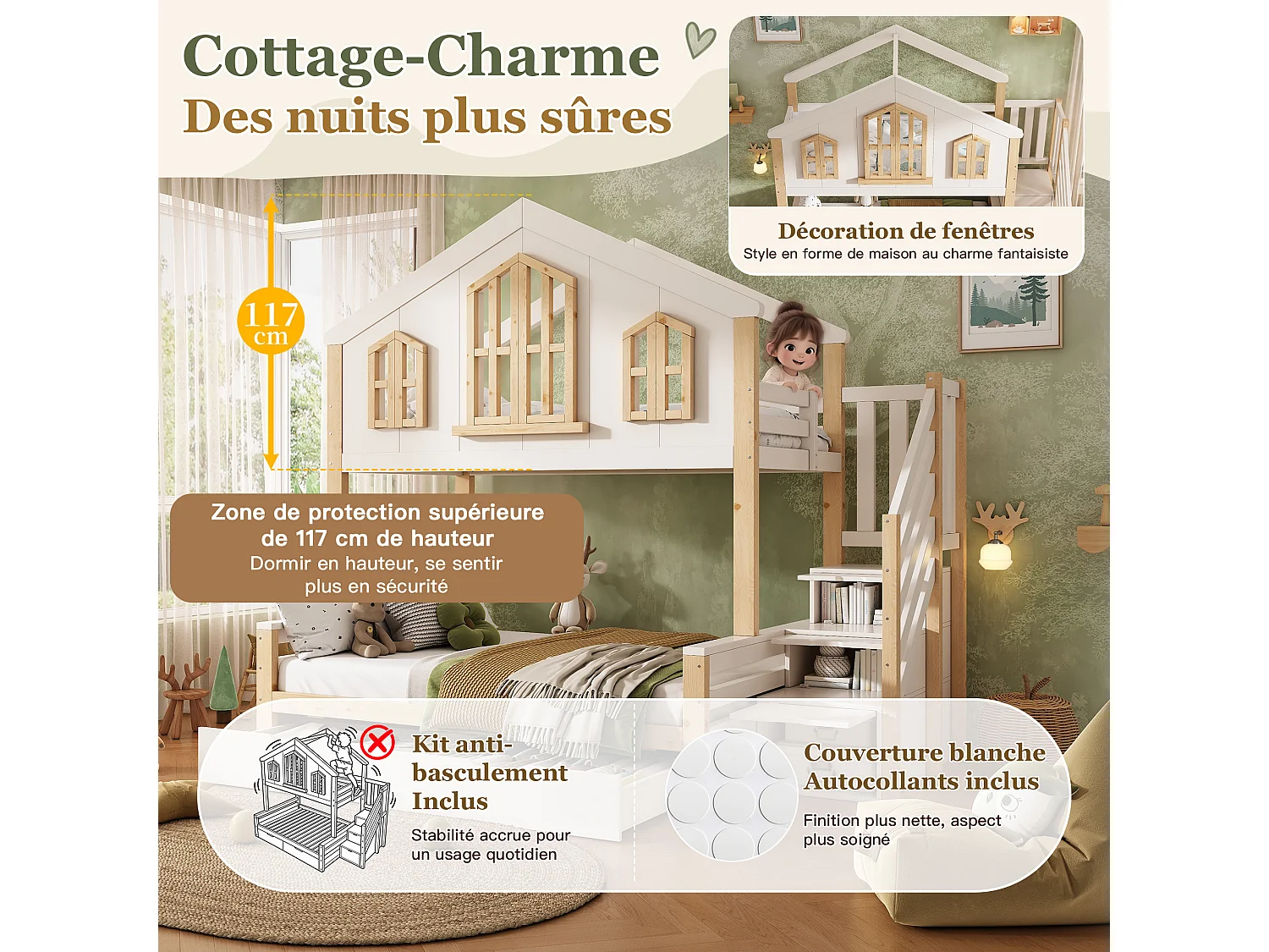 Lit superposé 90x200cm + 140x200cm - conception de maison - avec escalier de rangement et 2 tiroirs - Bois massif + MDF - Blanc (sans matelas)