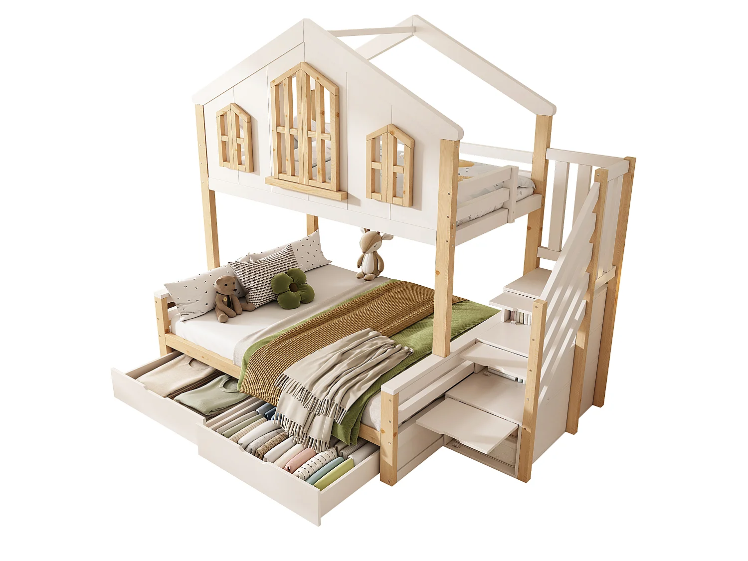 Lit superposé 90x200cm + 140x200cm - conception de maison - avec escalier de rangement et 2 tiroirs - Bois massif + MDF - Blanc (sans matelas)