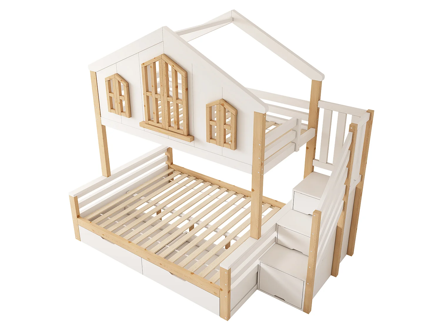 Lit superposé 90x200cm + 140x200cm - conception de maison - avec escalier de rangement et 2 tiroirs - Bois massif + MDF - Blanc (sans matelas)