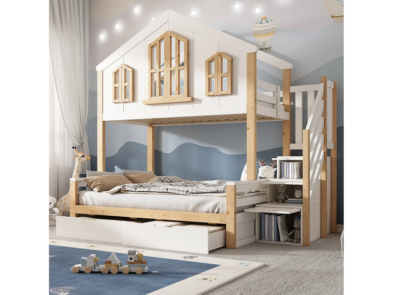 Lit superposé 90x200cm + 140x200cm - conception de maison - avec escalier de rangement et 2 tiroirs - Bois massif + MDF - Blanc (sans matelas)