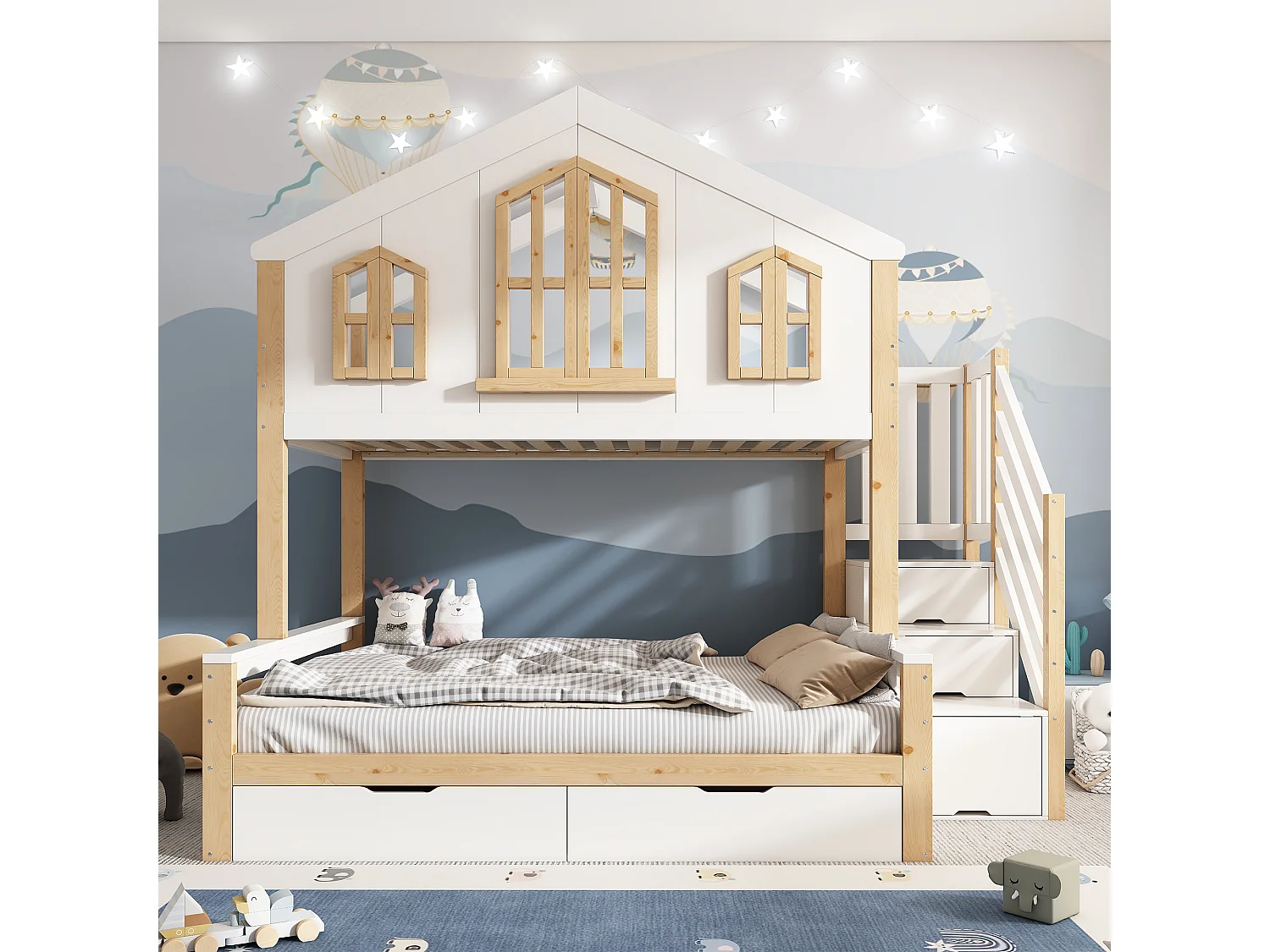 Lit superposé 90x200cm + 140x200cm - conception de maison - avec escalier de rangement et 2 tiroirs - Bois massif + MDF - Blanc (sans matelas)