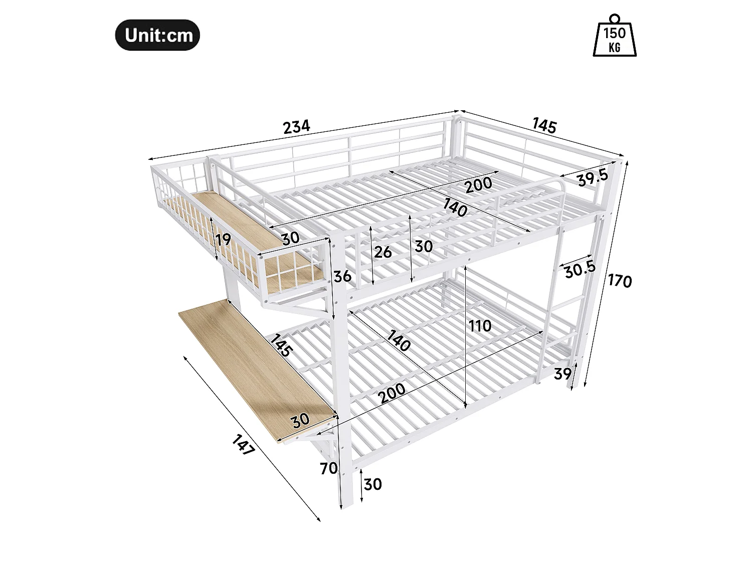 Lit superposé 140 x 200 cm – avec bureau – avec barrières de sécurité – avec échelle – blanc (matelas non inclus)