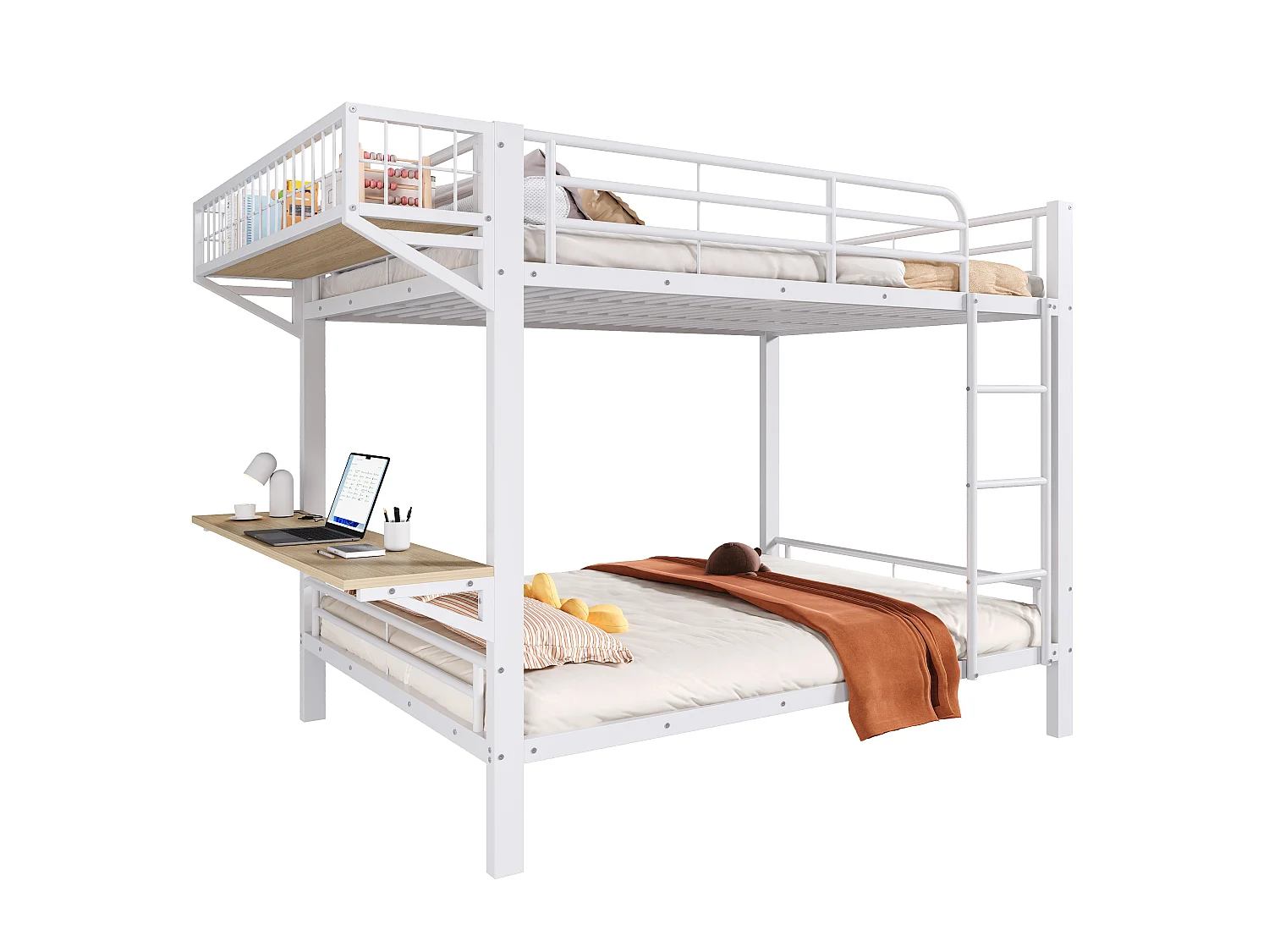 Lit superposé 140 x 200 cm – avec bureau – avec barrières de sécurité – avec échelle – blanc (matelas non inclus)
