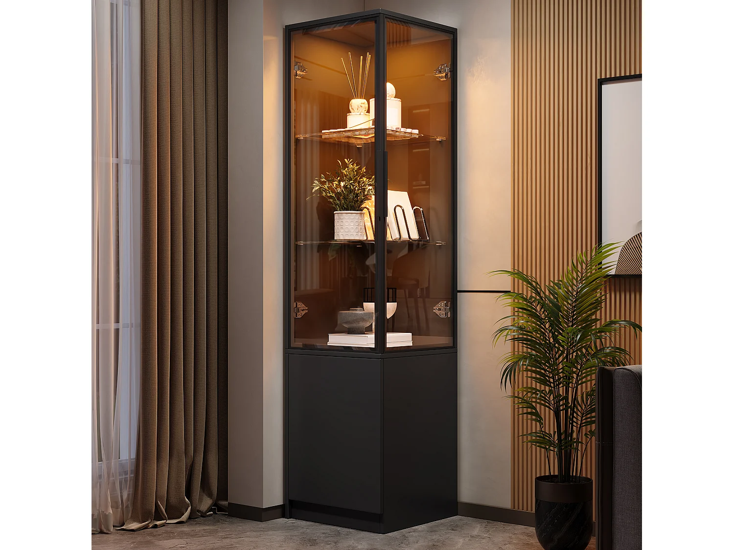 Display case, corner cabinet 40x40x160cm - LED lighting and 3 doors - Aluminum alloy frame + tempered glass doors - Black