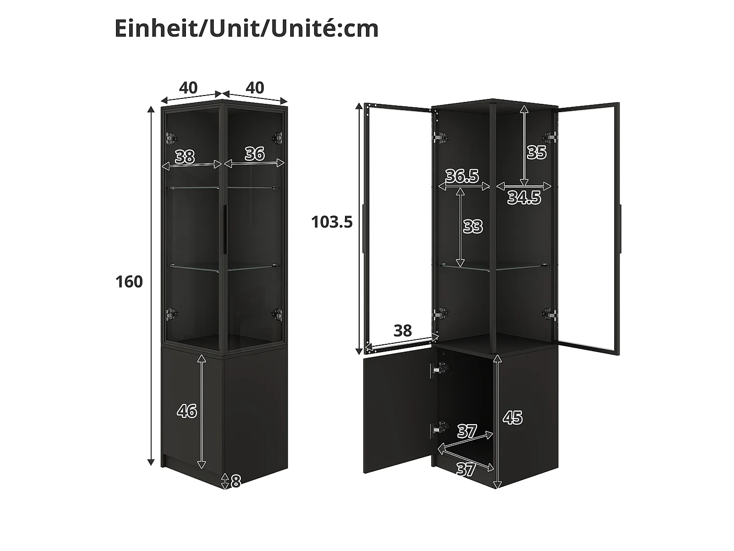 Display case, corner cabinet 40x40x160cm - LED lighting and 3 doors - Aluminum alloy frame + tempered glass doors - Black