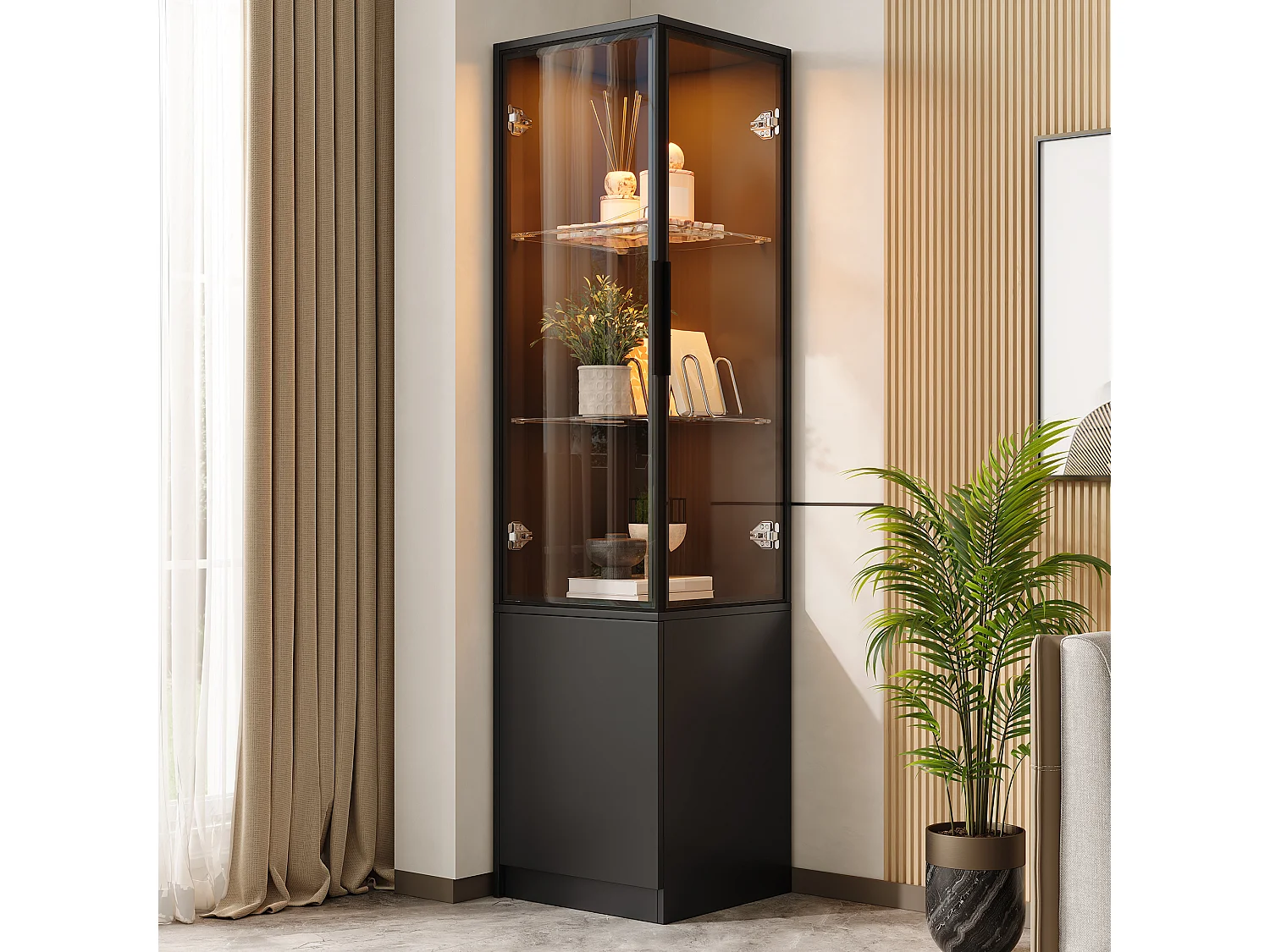 Display case, corner cabinet 40x40x160cm - LED lighting and 3 doors - Aluminum alloy frame + tempered glass doors - Black