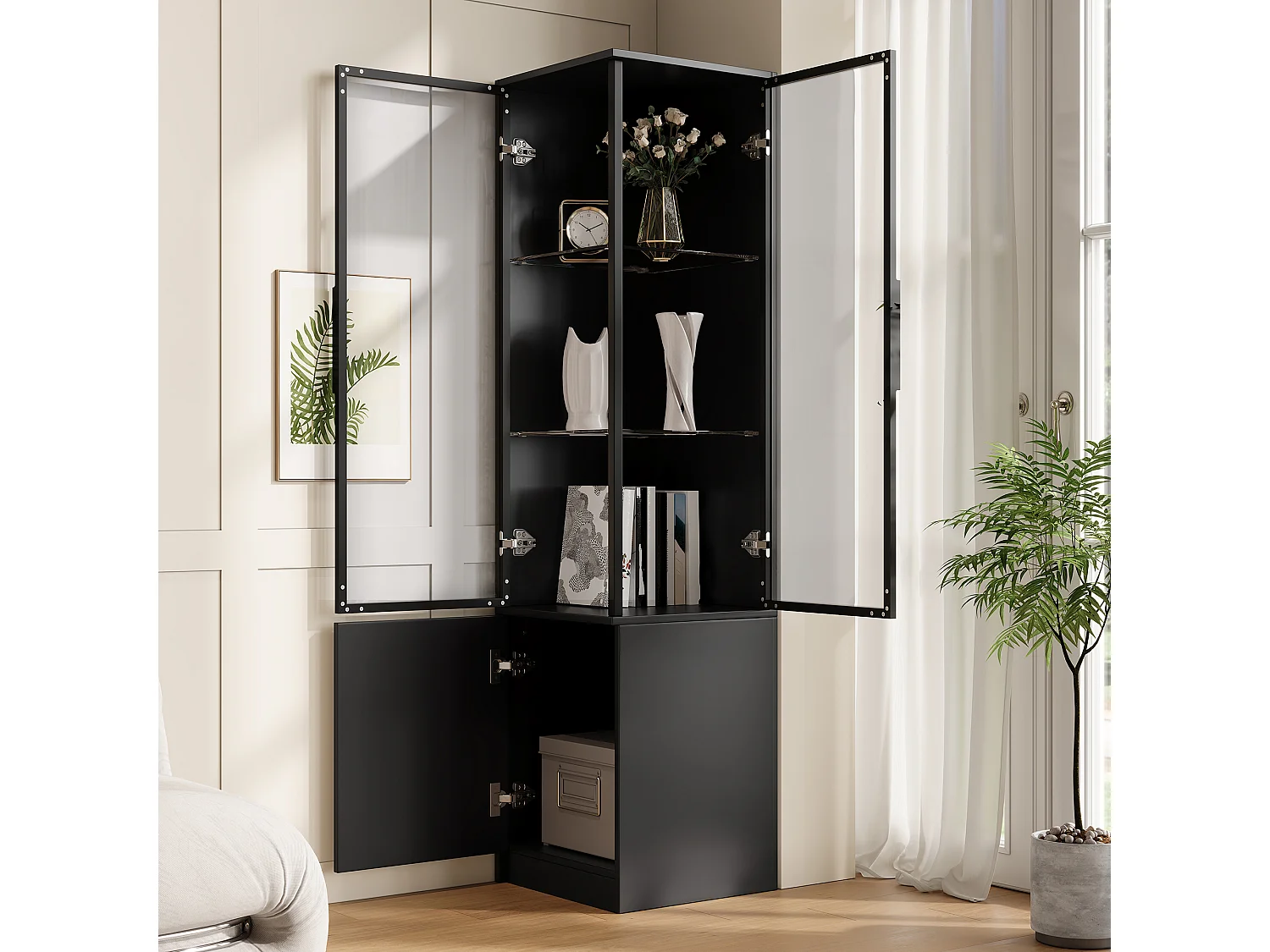 Display case, corner cabinet 40x40x160cm - LED lighting and 3 doors - Aluminum alloy frame + tempered glass doors - Black