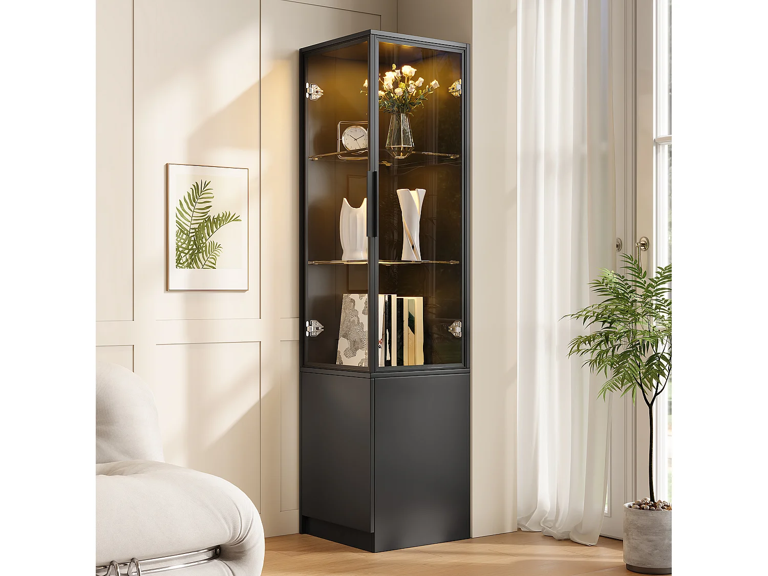 Display case, corner cabinet 40x40x160cm - LED lighting and 3 doors - Aluminum alloy frame + tempered glass doors - Black