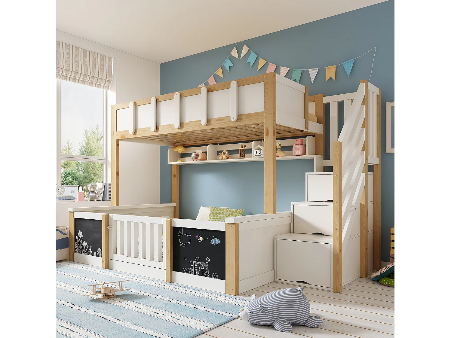 Children's bunk bed 90x200+140x200 cm - staircase with storage - with 1 door - blackboard - white and natural (without mattress)