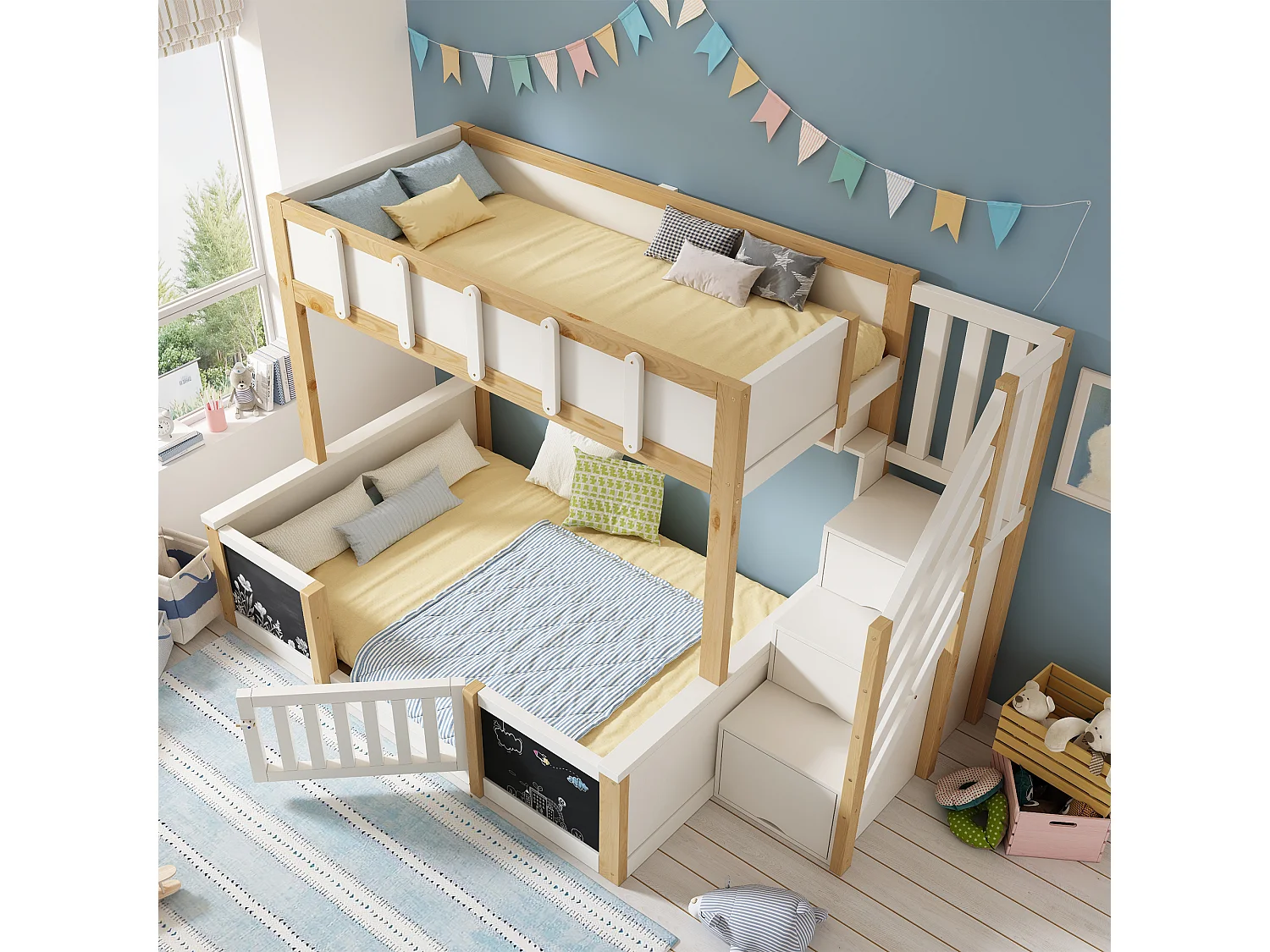 Children's bunk bed 90x200+140x200 cm - staircase with storage - with 1 door - blackboard - white and natural (without mattress)