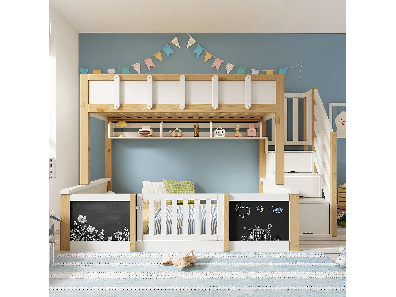 Children's bunk bed 90x200+140x200 cm - staircase with storage - with 1 door - blackboard - white and natural (without mattress)