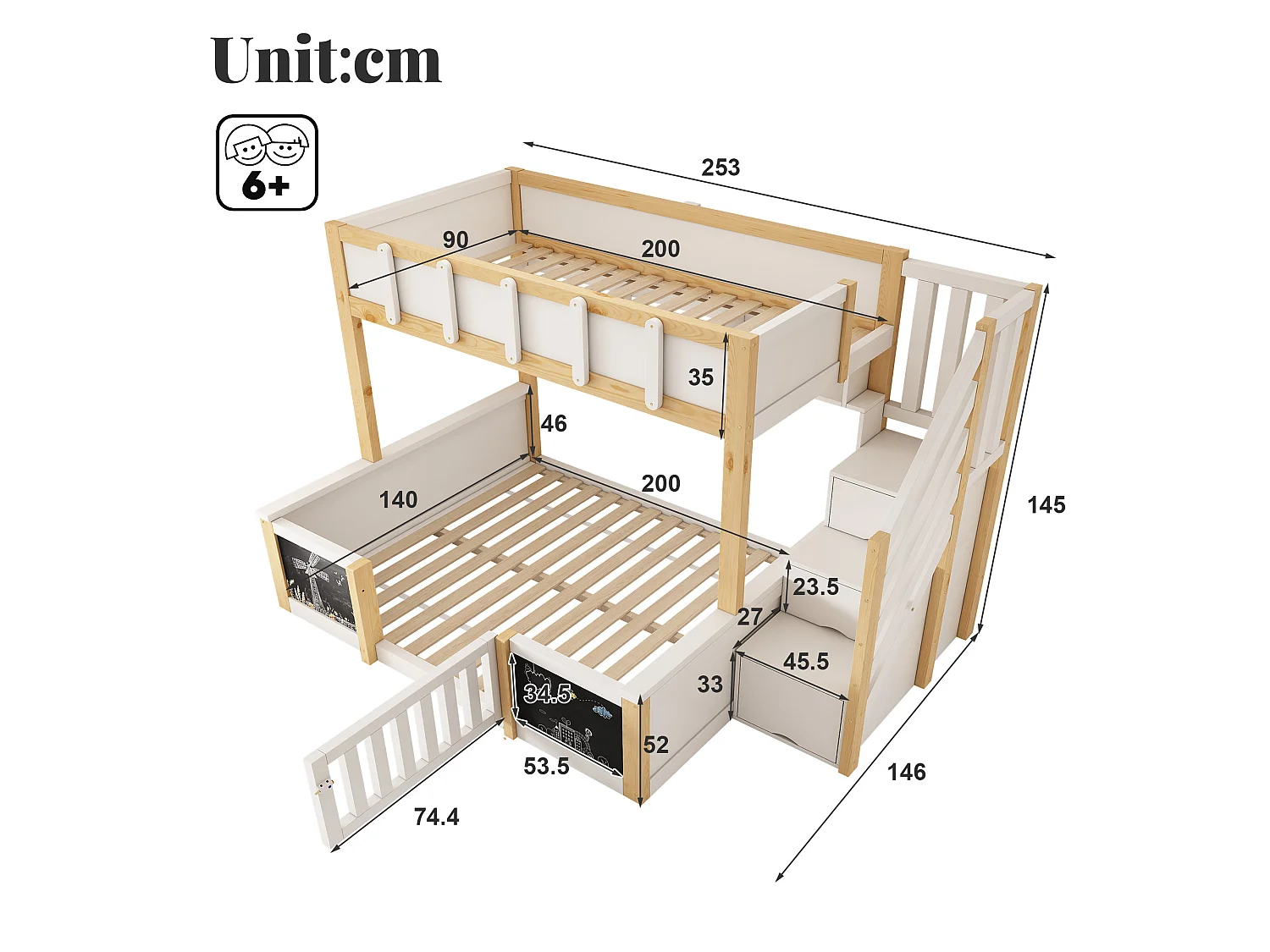 Children's bunk bed 90x200+140x200 cm - staircase with storage - with 1 door - blackboard - white and natural (without mattress)