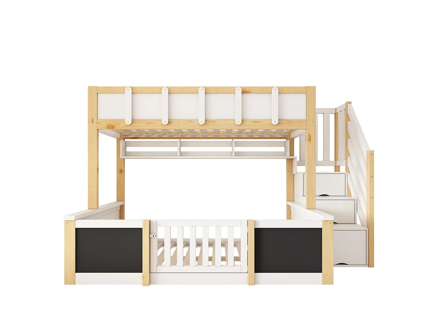 Children's bunk bed 90x200+140x200 cm - staircase with storage - with 1 door - blackboard - white and natural (without mattress)
