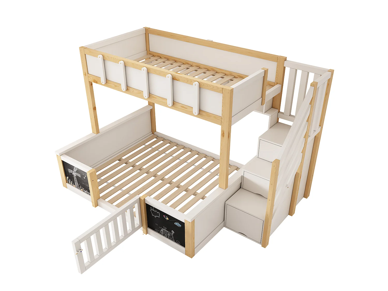 Children's bunk bed 90x200+140x200 cm - staircase with storage - with 1 door - blackboard - white and natural (without mattress)