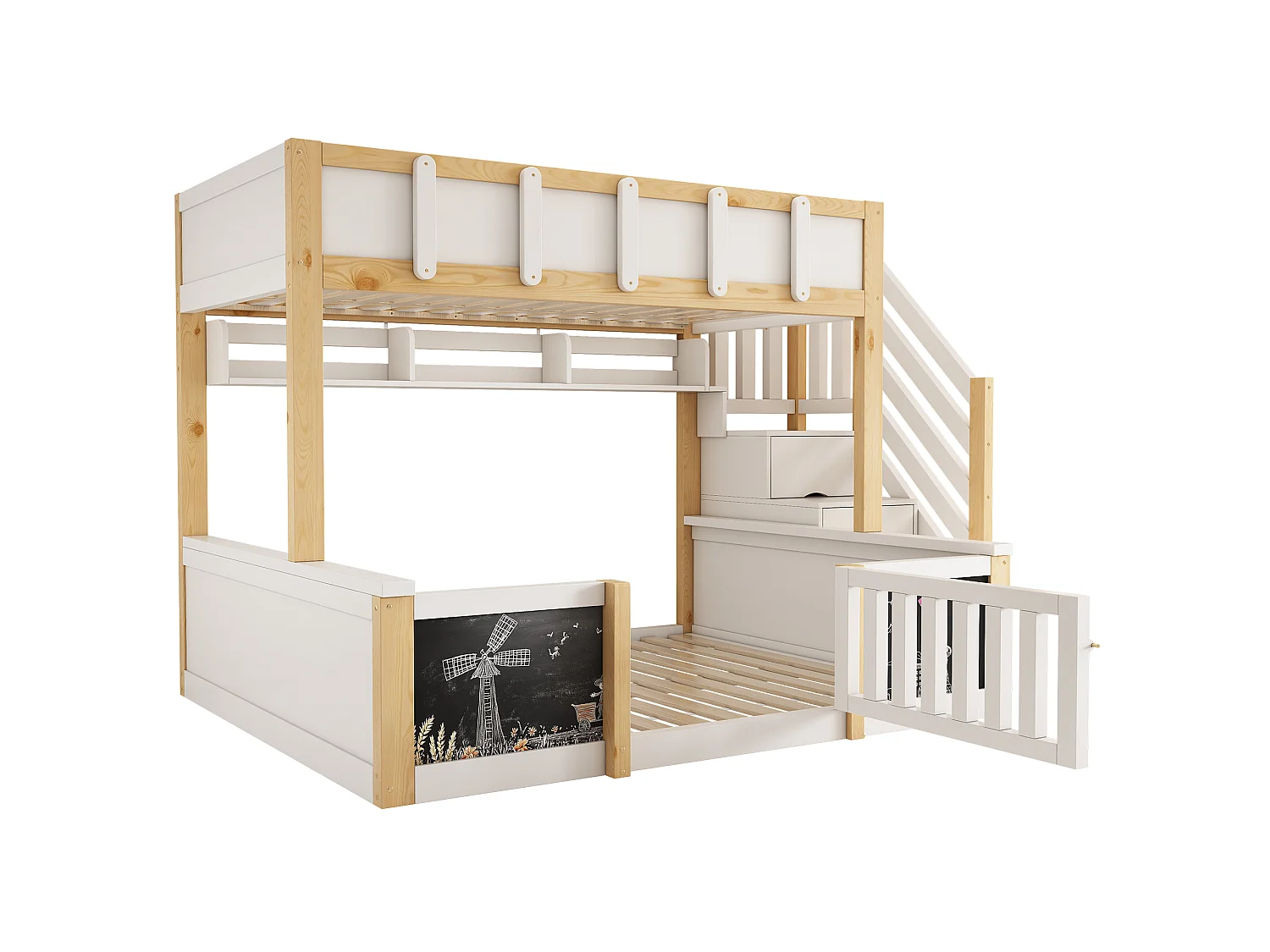 Children's bunk bed 90x200+140x200 cm - staircase with storage - with 1 door - blackboard - white and natural (without mattress)