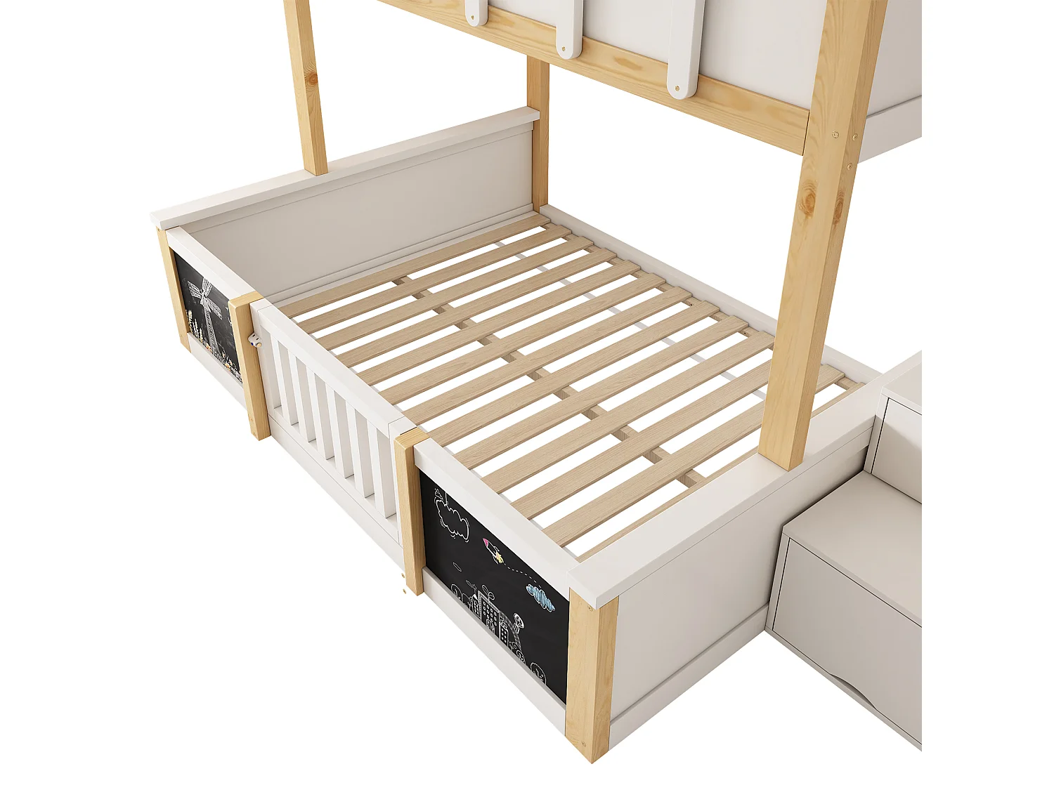 Children's bunk bed 90x200+140x200 cm - staircase with storage - with 1 door - blackboard - white and natural (without mattress)