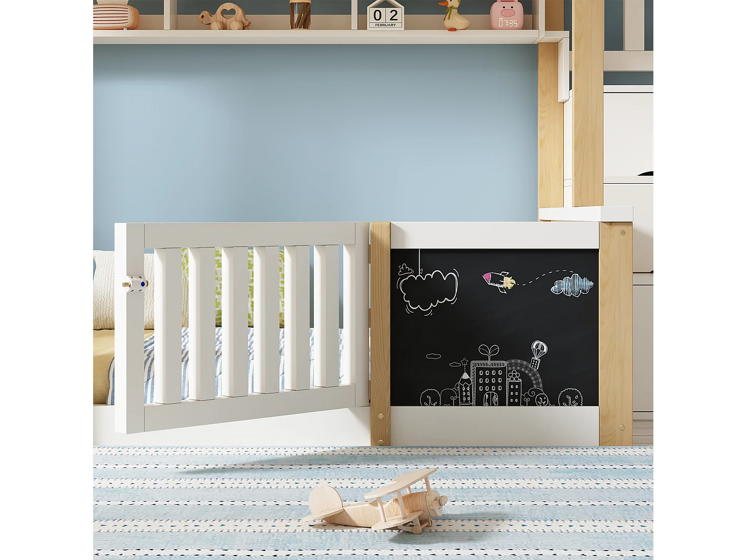 Children's bunk bed 90x200+140x200 cm - staircase with storage - with 1 door - blackboard - white and natural (without mattress)