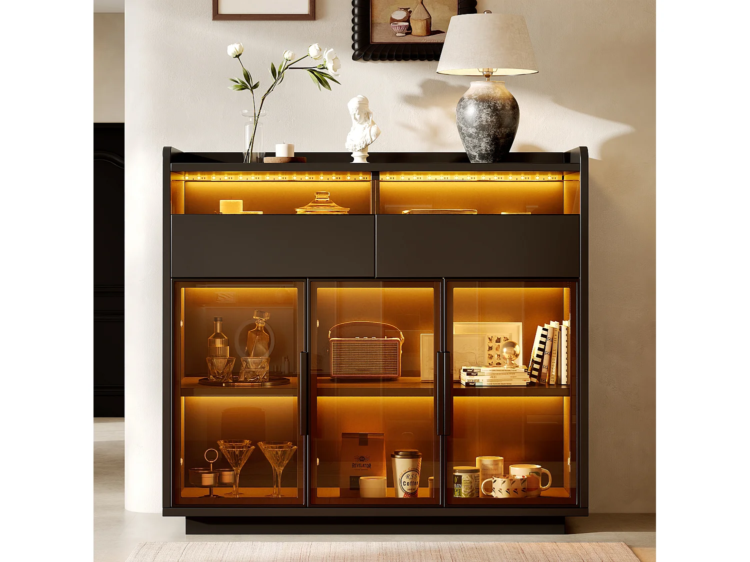Multifunctional display case 100x40x91.5 cm - With LED lighting - 3 doors and 2 drawers - Tinted safety glass - MDF - Black