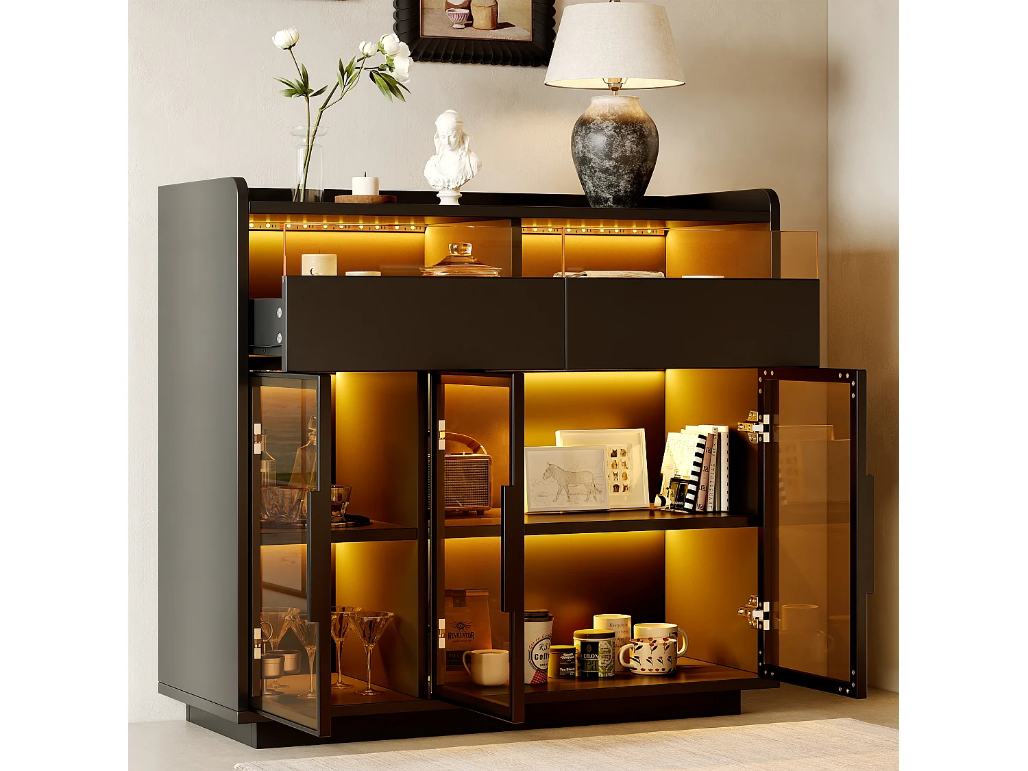 Multifunctional display case 100x40x91.5 cm - With LED lighting - 3 doors and 2 drawers - Tinted safety glass - MDF - Black