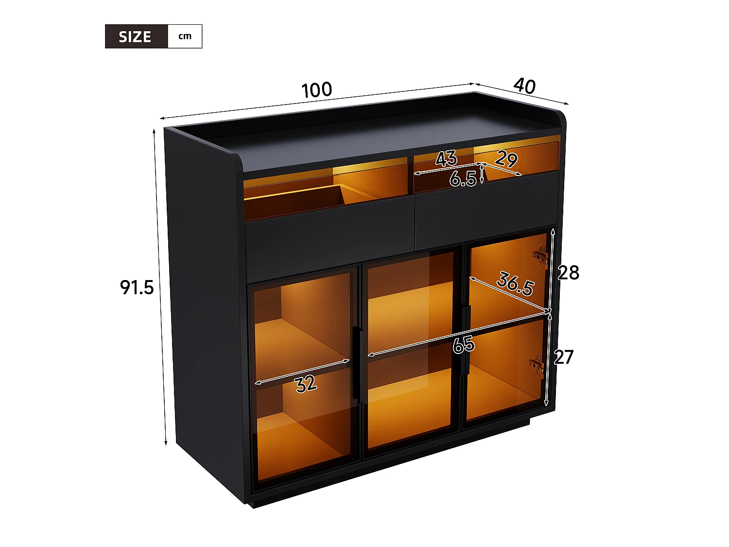 Multifunctional display case 100x40x91.5 cm - With LED lighting - 3 doors and 2 drawers - Tinted safety glass - MDF - Black