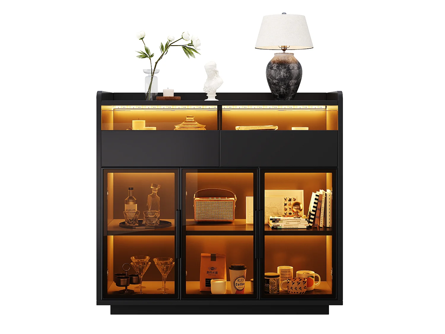 Multifunctional display case 100x40x91.5 cm - With LED lighting - 3 doors and 2 drawers - Tinted safety glass - MDF - Black