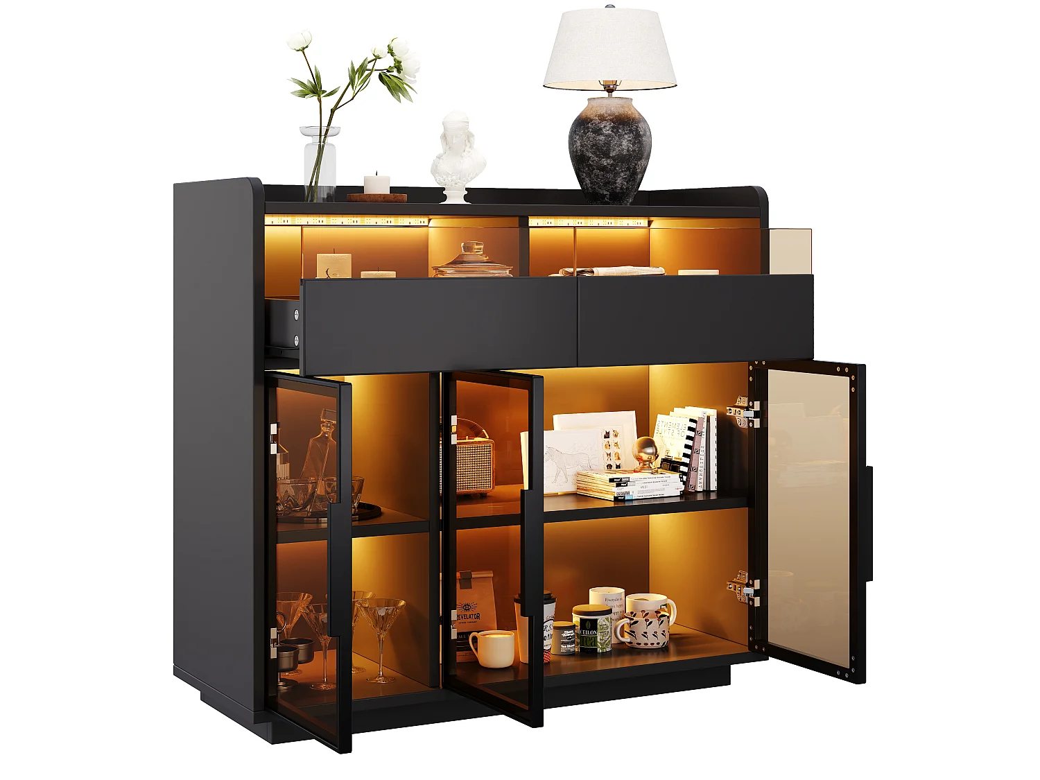 Multifunctional display case 100x40x91.5 cm - With LED lighting - 3 doors and 2 drawers - Tinted safety glass - MDF - Black