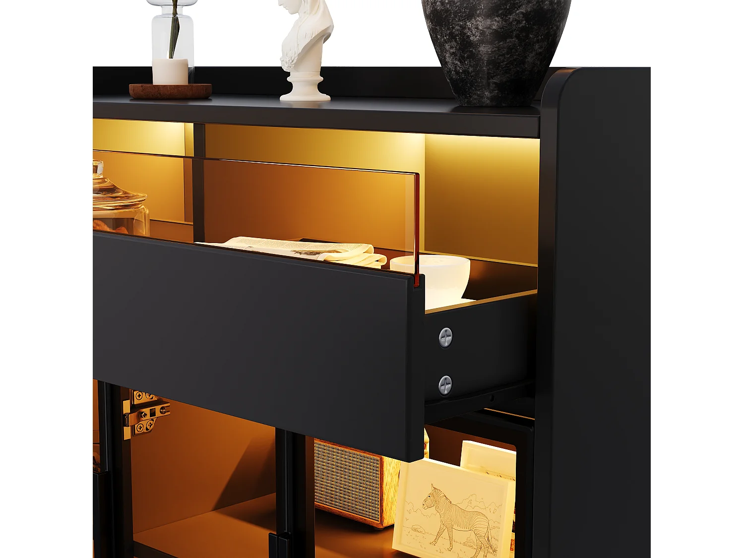 Multifunctional display case 100x40x91.5 cm - With LED lighting - 3 doors and 2 drawers - Tinted safety glass - MDF - Black