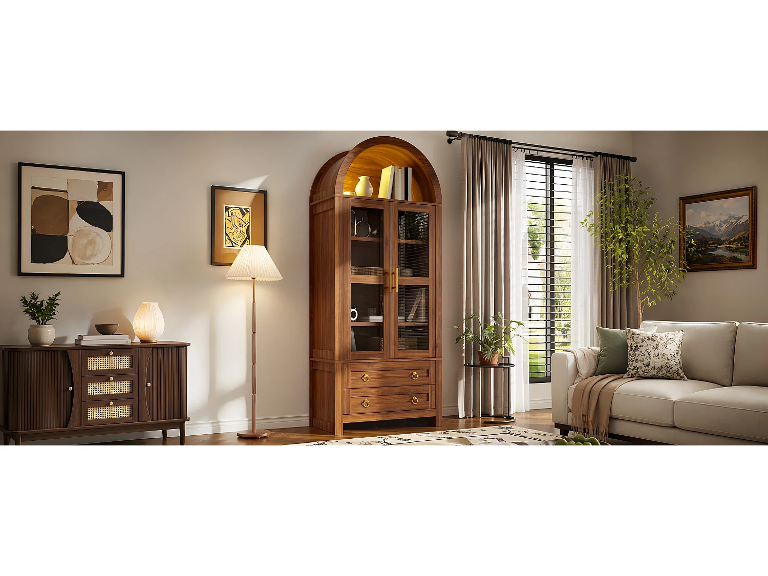 Vitrine haute 76x40x180 cm avec éclairage LED - Style rétro - 2 portes et 2 tiroirs - Design cintré - MDF - Marron