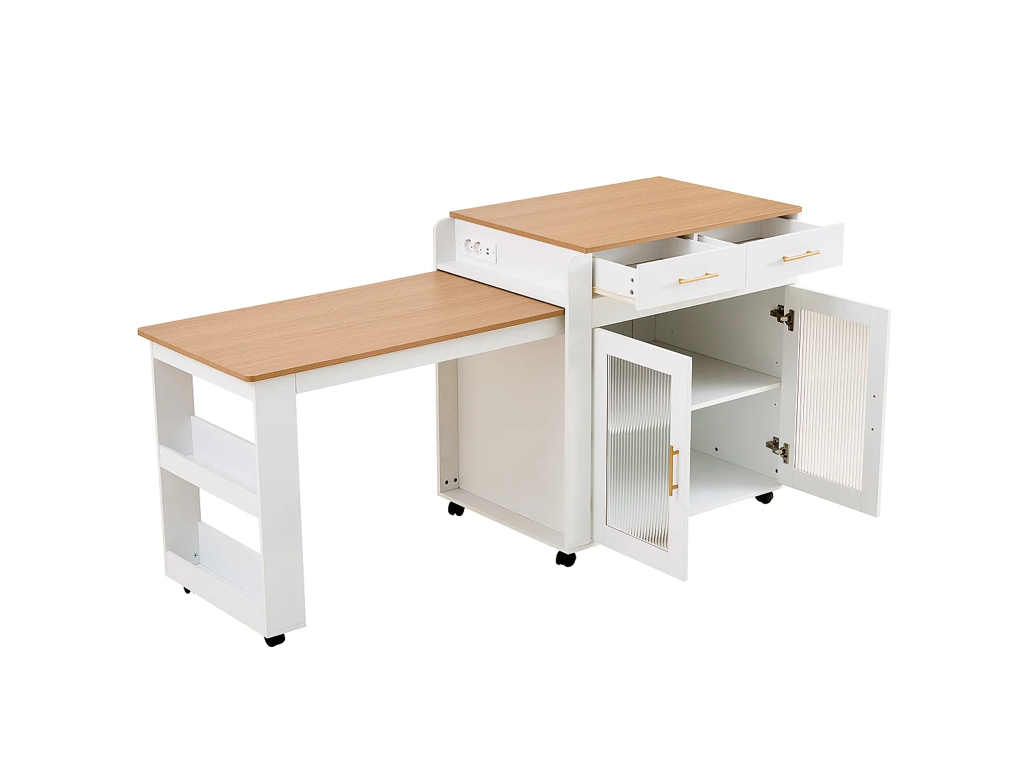 Kücheninsel mit ausziehbarem Tablett, 2 Türen und 2 Schubladen - Steckdosen und USB-Anschlüsse - 2 bis 4 Personen - Weiß