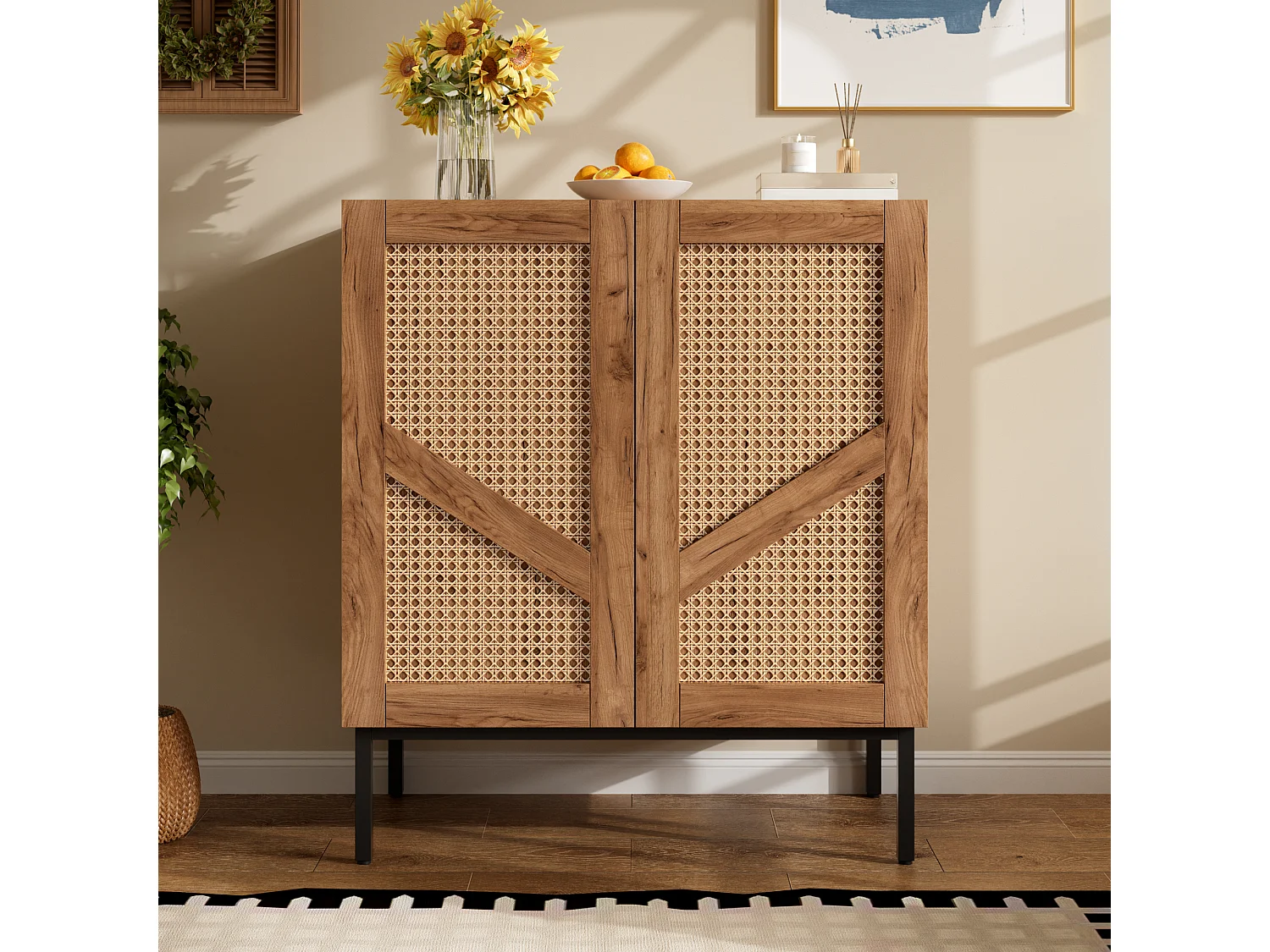 Buffet with wood-look finish 70x38.5x70cm - with 2 woven rattan doors and adjustable shelves - Natural
