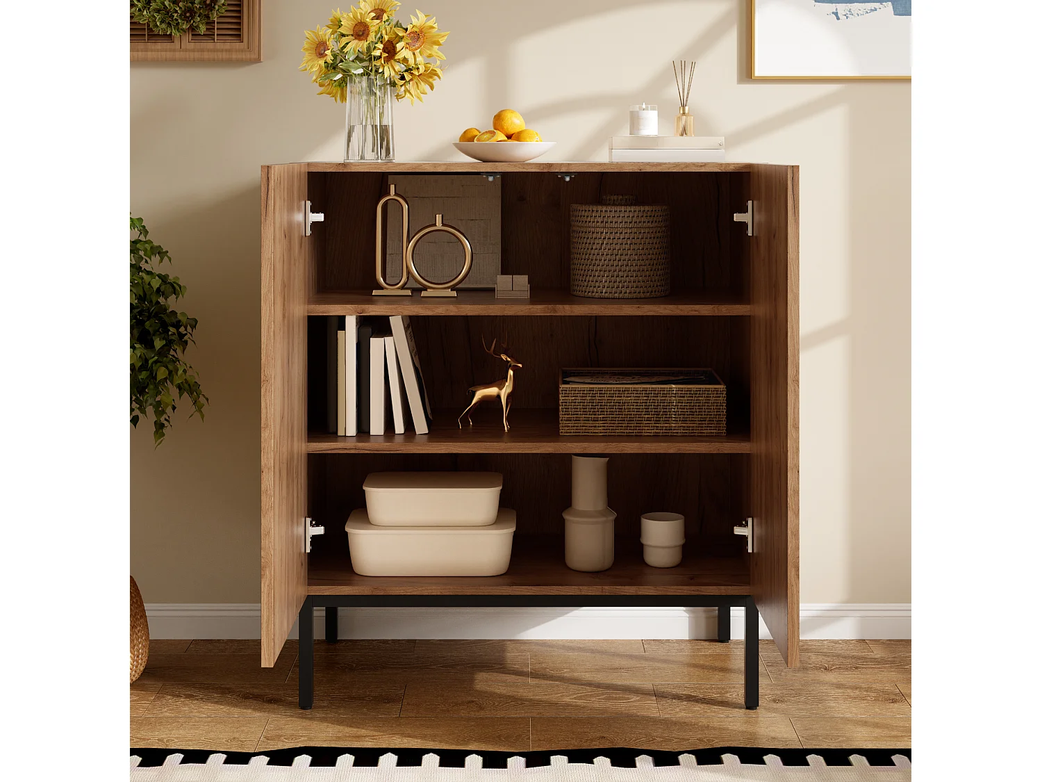 Buffet with wood-look finish 70x38.5x70cm - with 2 woven rattan doors and adjustable shelves - Natural