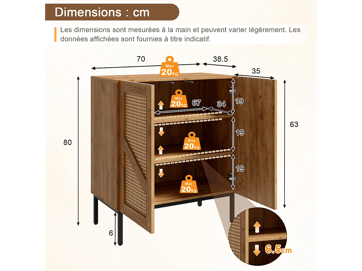 Buffet with wood-look finish 70x38.5x70cm - with 2 woven rattan doors and adjustable shelves - Natural