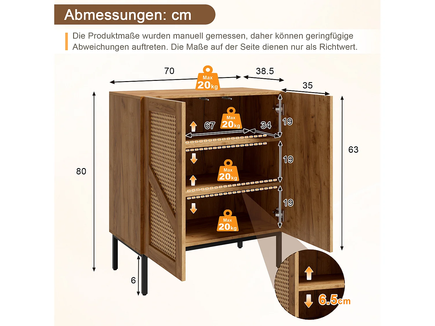 Buffet with wood-look finish 70x38.5x70cm - with 2 woven rattan doors and adjustable shelves - Natural