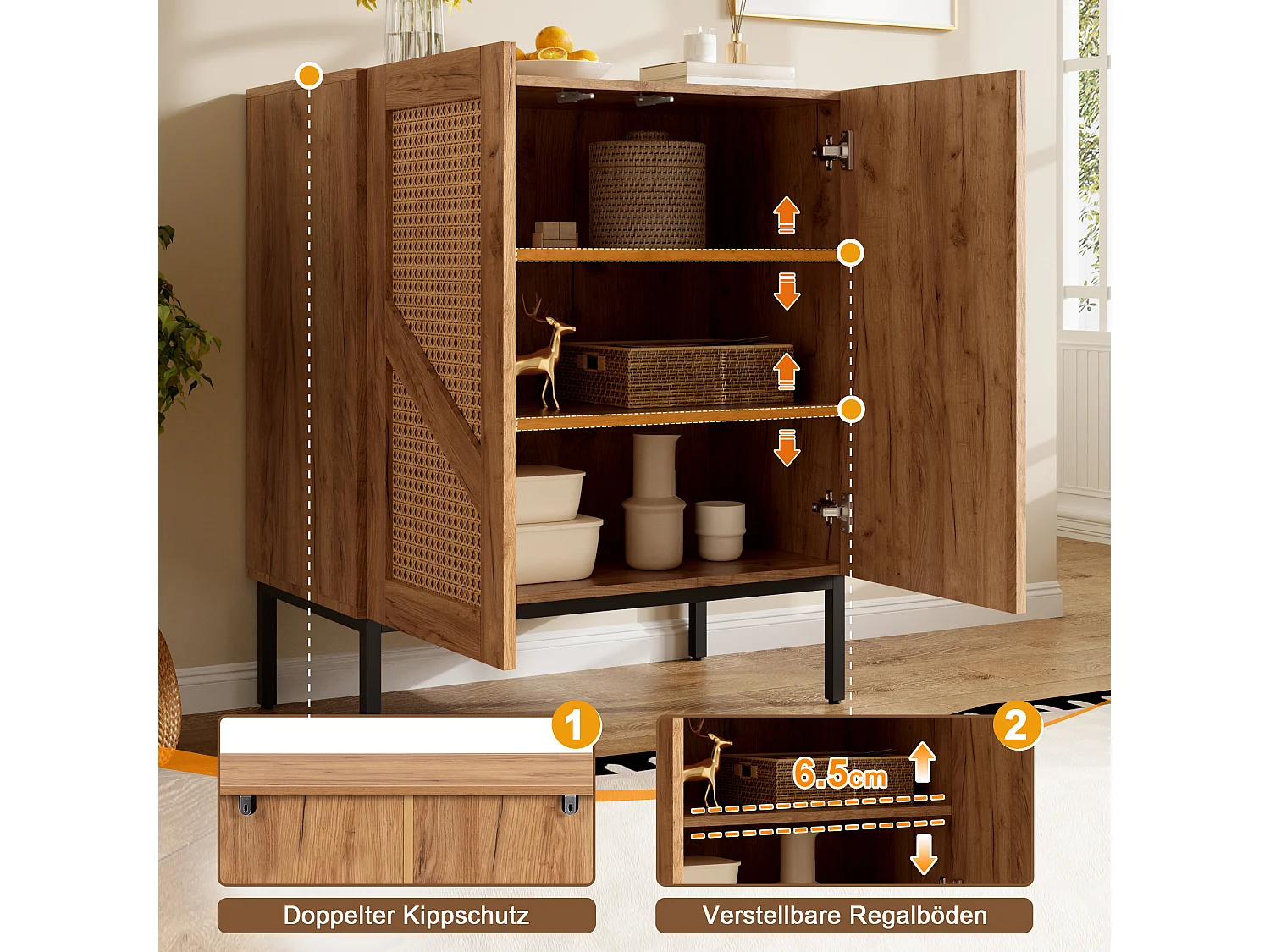 Buffet with wood-look finish 70x38.5x70cm - with 2 woven rattan doors and adjustable shelves - Natural