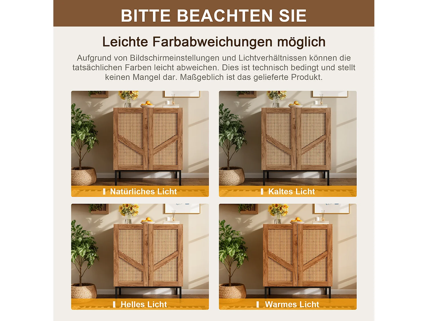 Buffet with wood-look finish 70x38.5x70cm - with 2 woven rattan doors and adjustable shelves - Natural