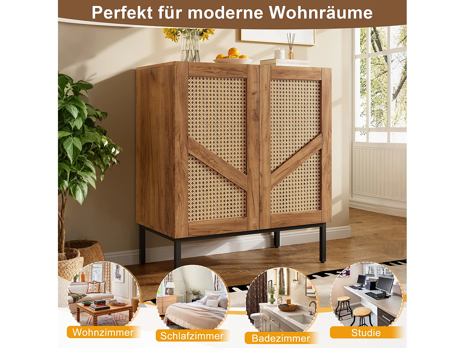 Buffet with wood-look finish 70x38.5x70cm - with 2 woven rattan doors and adjustable shelves - Natural