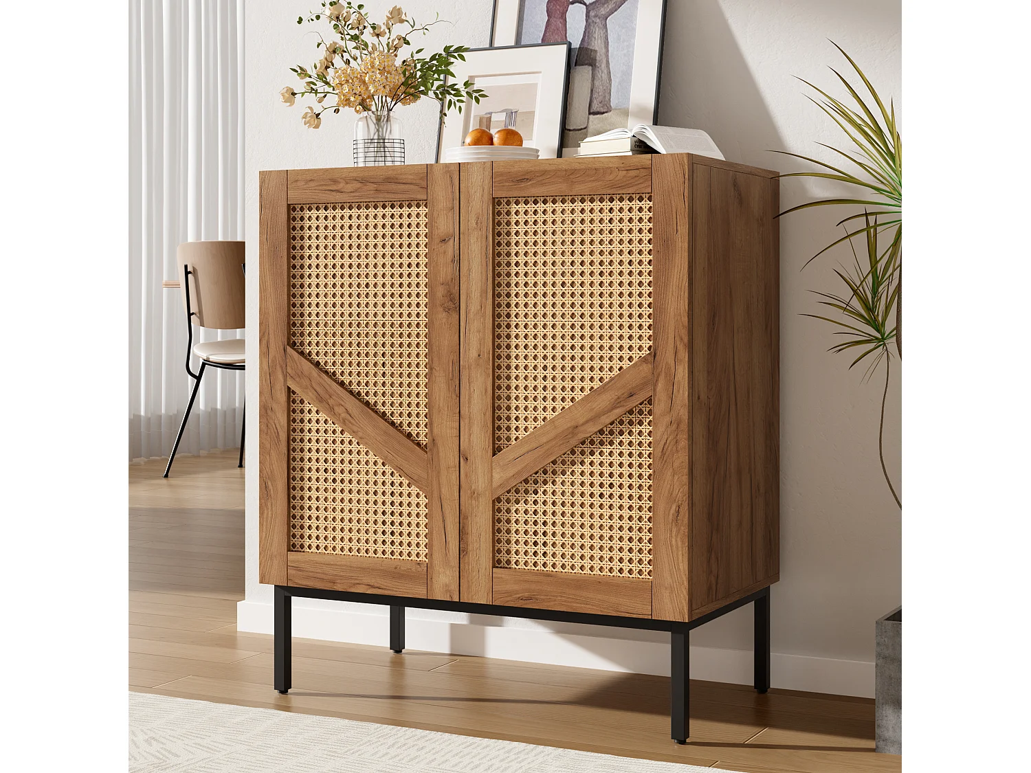 Buffet with wood-look finish 70x38.5x70cm - with 2 woven rattan doors and adjustable shelves - Natural