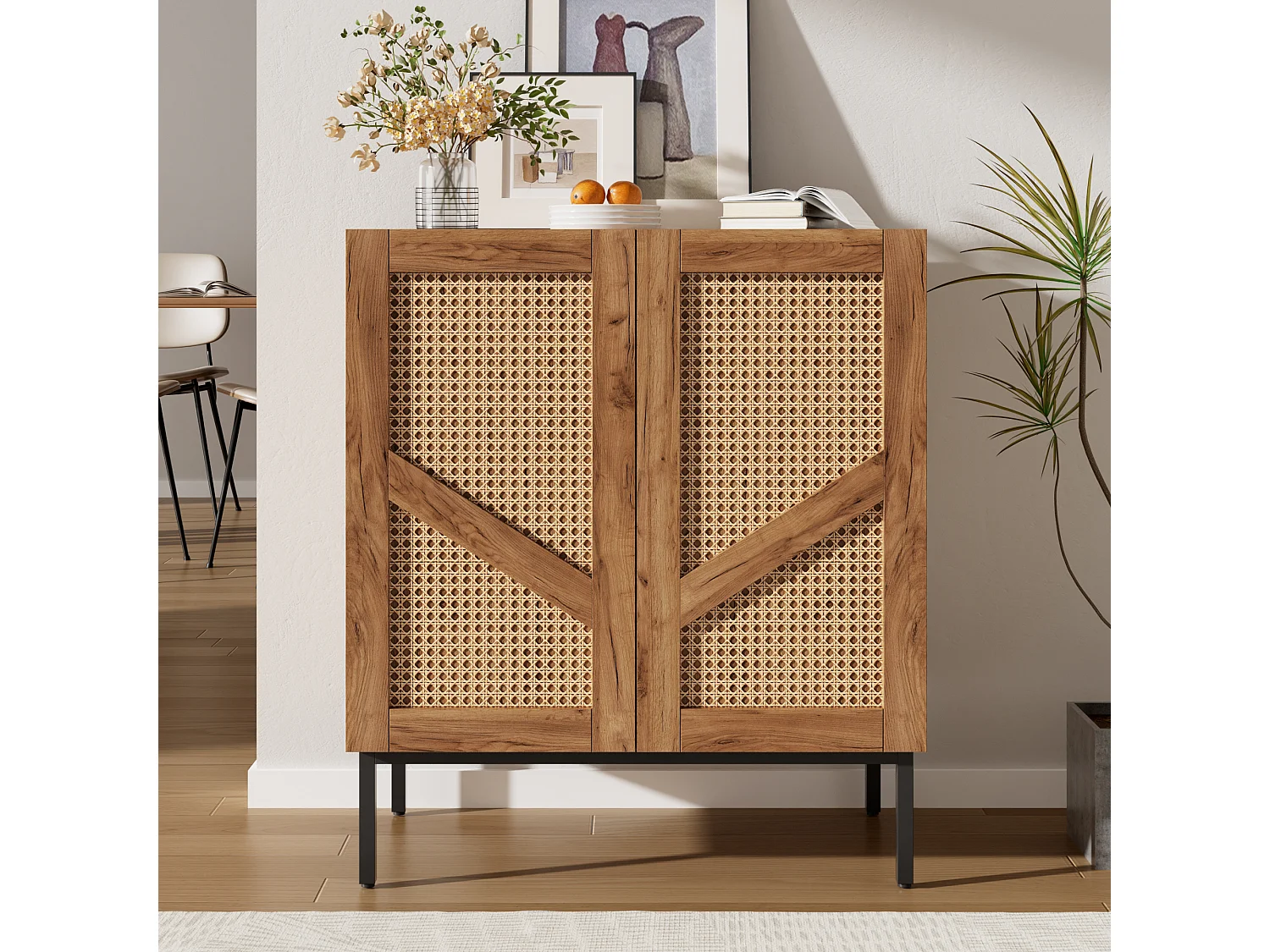 Buffet with wood-look finish 70x38.5x70cm - with 2 woven rattan doors and adjustable shelves - Natural