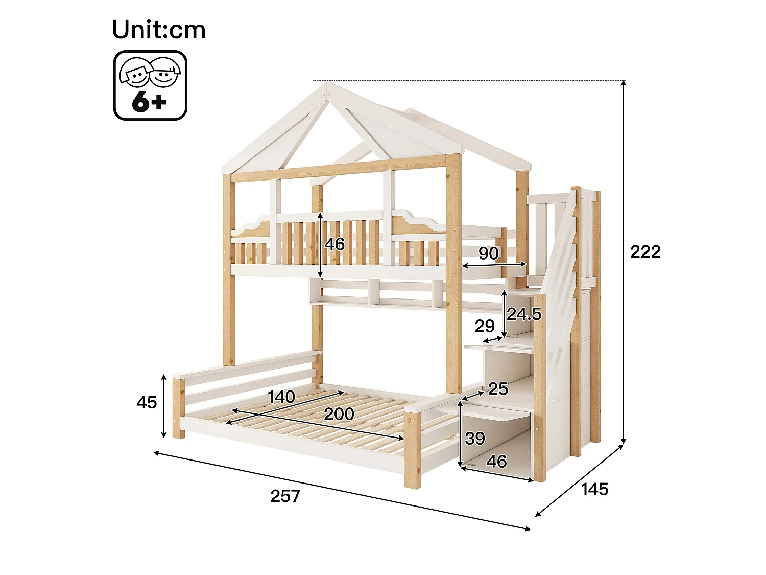 Lit superposé 90x200cm + 140x200cm - conception de maison - avec garde-corps et escalier de rangement - Bois massif + MDF - Blanc (sans matelas)