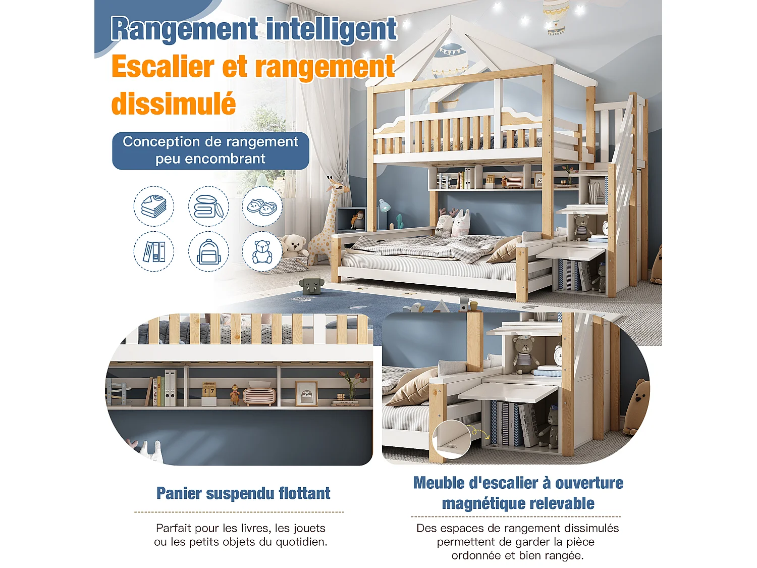 Lit superposé 90x200cm + 140x200cm - conception de maison - avec garde-corps et escalier de rangement - Bois massif + MDF - Blanc (sans matelas)