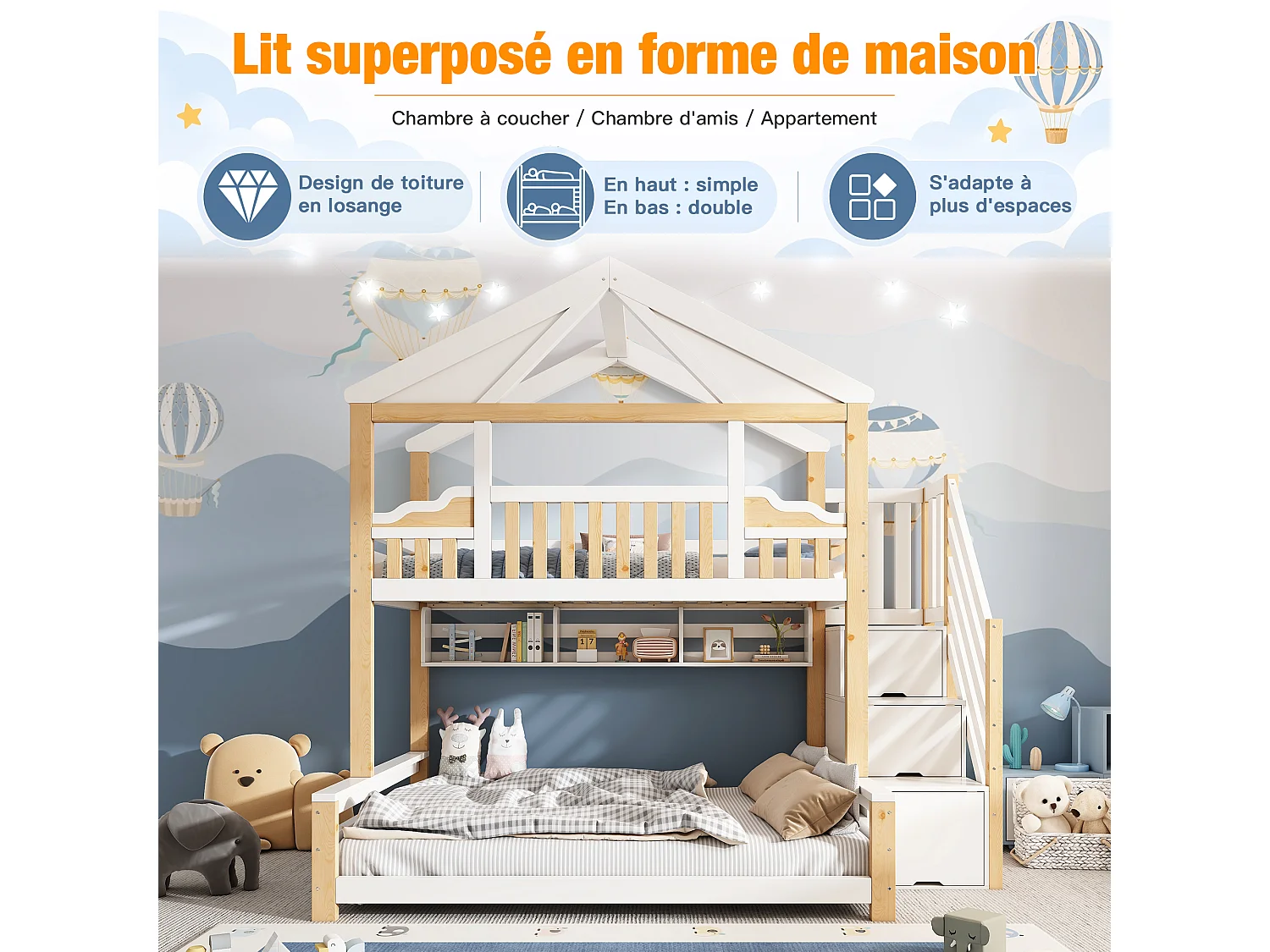 Lit superposé 90x200cm + 140x200cm - conception de maison - avec garde-corps et escalier de rangement - Bois massif + MDF - Blanc (sans matelas)